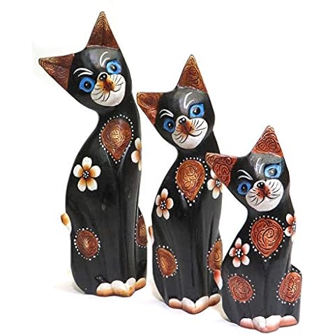 Purity Style Wooden Cat Gift Fair Trade, Hand Carved Set of 3 Painted Cats - 26cm, 19cm and 14cm tall Cover