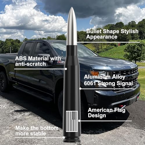 Image of Car Truck Antenna with Tire Valve Caps American Flag Universal Short Replacement for GMC Sierra Chevy Silverado Dodge Ram 1500 2500 3500 Ford F150 F250 F350 Super Duty Raptor Accessories, Silver