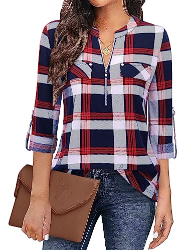 Image of Bulotus 3 /4 Length Sleeve Womens Striped Tops Zipper V Neck Collared Blouses Business Casual Tunics 2026 Spring Trendy