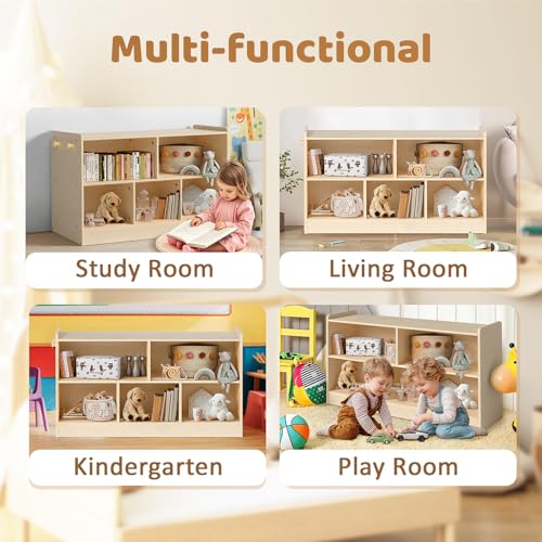 Image of Wooden Kids Storage Cabinet, 5-Section Toddler Montessori Bookshelf, Kids Organizer for Classroom, Playroom, Kindergarten, Large Size
