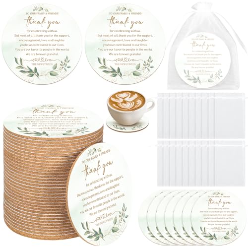 Hushee 200 Pcs Wedding Favors for Guests Cork Coasters Bulk Thank You for Celebrating with Us Party Decoration Wood Coaster Rustic Wedding Gift Bridal Shower Party Favors (Eucalyptus Leaves)