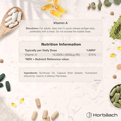 Vitamin A Hochdosiert 10000 IE | 1 Jahr Vorrat | Augenvitamine mit Retinol | Horbaach