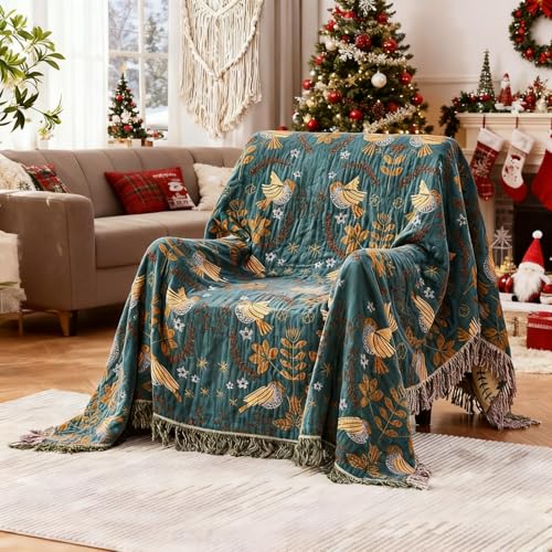Ffdshc Organic Cotton Boho Throw Blankets for Bed,Christmas Throw Blankets Soft Cozy Cotton Quilted Blankets for All Season 80'x90',Versatile Ultra Soft Farmhouse Decor Blankets for Travel,Couch,Sofa