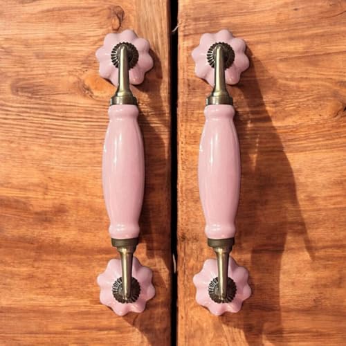 Image of Maison Belle Ceramic Door Handle Gold Antique Finish - Hole to Hole 6.5 INCH (Pack of 1 Handle) (Pink - Size 8.5 INCH)