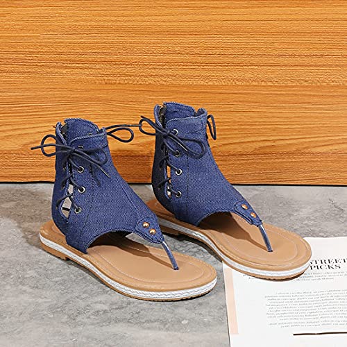 VOKLIN Women's Casual Denim Flat Sandals Booties Lace Up Zipper Comfort Summer Beach Thong Flip Flops Shoes2