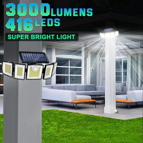 Image of Solar Lights Outdoor Waterproof Motion Sensor - 416 LEDs 3000 Lumens Super Bright 3 Brightness 3 Modes 2400mAh 360 Illumination 32ft Solar Flood Security Light for Outside (‎With Remote Control, 3)