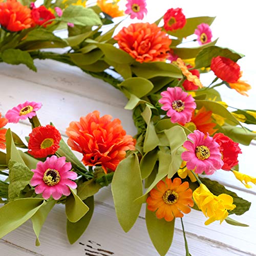 Idyllic 20 Inches Bright Floral Wreath- Artificial Colorful Daisy And Green Leaves Wreath For Summer Indoor Decor thumb #2