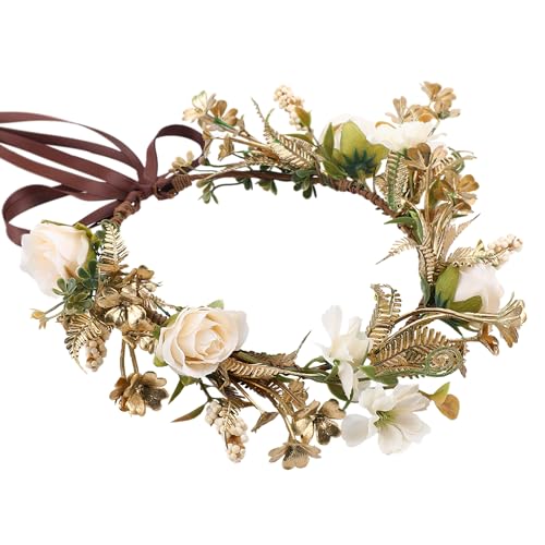 KorViSHOW Vintage Rose Flower Crown - Golden Leaves White Classic Flower Headband Fairy Elegant Floral Headpiece for Women Girls Christmas Mucic Festivals Photo Prop