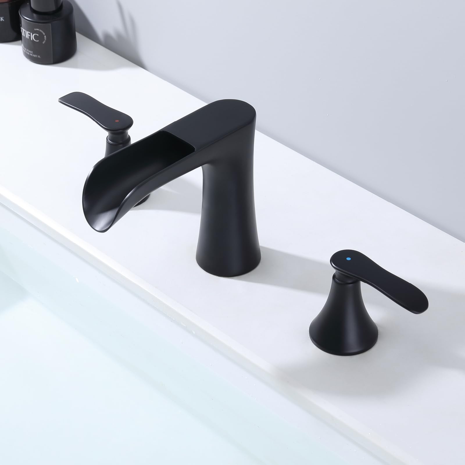 Two Handle 8inch Waterfall Bathroom Faucet Black Waterfall Faucet Widespread Bathroom Faucet Matte Black — view 5