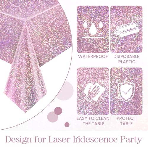 Image of Just Shimmer Light Pink Holographic Tablecloth 40 x 108, 1 Pack Iridescent Shiny Plastic Table Cover for Girls Birthday, Baby Shower, Bridal Shower, Princess and Bachelorette Party Decorations