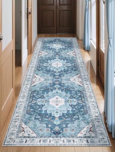 SERISSA Boho Washable Runner Rug, 2'6"x8' Non-Slip Vintage Blue Hallway Kitchen Runner Rug Ultra Soft Print Distressed Floor Carpet for Bedroom Bathroom Laundry Living Room