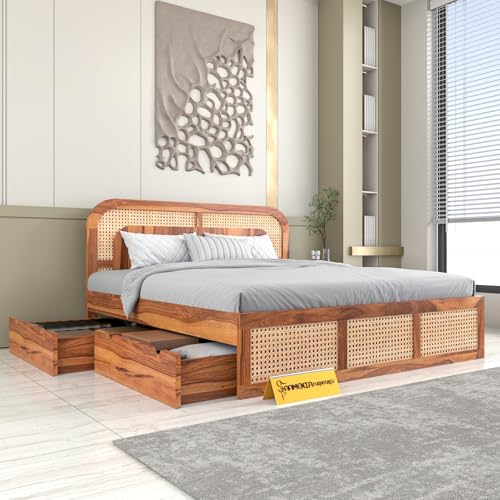 Image of Sheesham Wood Cane Bed with Drawer Storage for Bedroom | Queen Size Wooden Double Bed Palang with Curved Rattan Headboard & Footboard (Honey Finish)