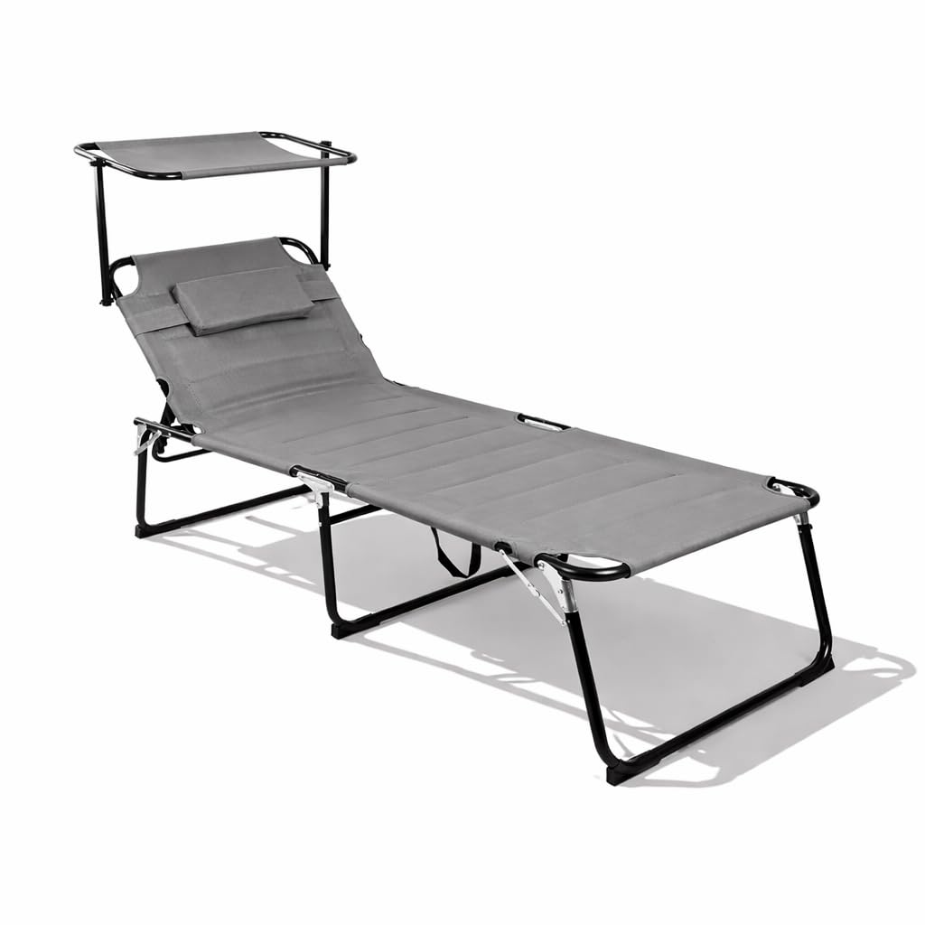 Mojawo XXL Gartenliege Sonnenliege Relaxliege Liege Aluminium mit Kissen und Sonnendach gepolstert klappbar Grau L200xB70xH45/95cm