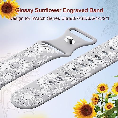 Image of Sunflower Engraved Band Compatible with Apple Watch Bands 38mm 40mm 41mm 42mm 44mm 45mm 49mm Women, Designer Soft Glossy Floral Silicone Strap for iWatch Series Ultra 11 10 9 8 7 6 SE 5 4 3 2 1