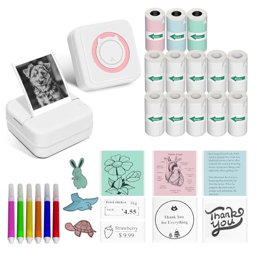 Aptika Sticker Printer - Mini Portable Printer with 14 Rolls Sticky Papers, Bluetooth Thermal Maker Machine for Students Children Birthday, Compatible with for iPhone/Android, Pink