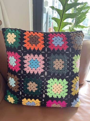 RISEON Granny Square Pillowcase Colorful Crocheted Pattern Throw ...