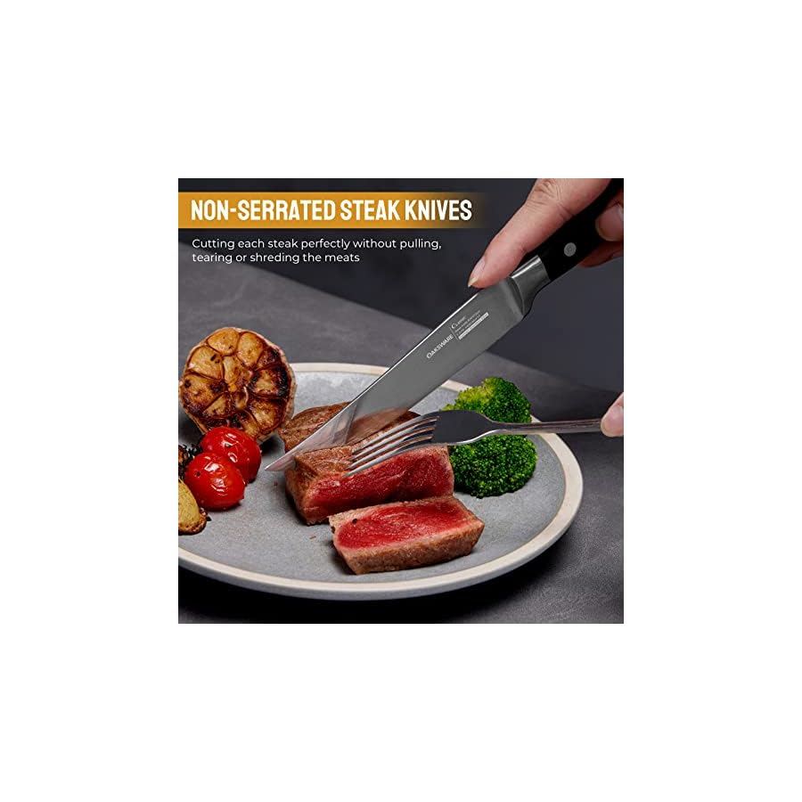 OAKSWARE Steak Knives, Non Serrated Steak Knife Set of 4, German Steel Steak Knife Set 5 Inch, 4 Pieces Professional Straight Edge Knives - Full Tang Ergonomic Handle