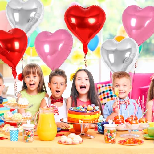 Image of 30 Pcs Red Pink and Silver Heart Balloons, 3 Sizes Heart Foil Mylar Balloon, Valentine Day Party Decorations, Love Balloon Valentine Balloons for Birthday Party Wedding Baby Shower