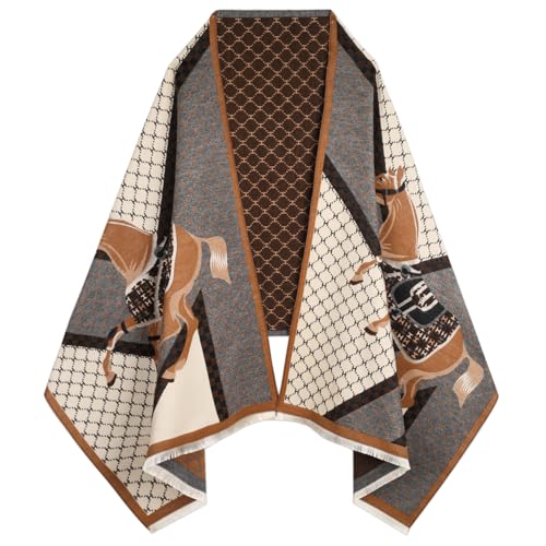 Relang Scarfs for Women Pashmina Silky Shawl Wrap for Evening Dressing Blanket Open Front Poncho Cape Brown Grey Horse