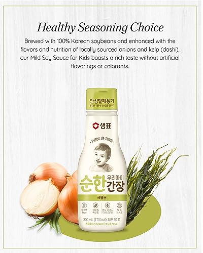 Sempio Kids Soy Sauce Low Sodium for Soup – Mild Baby & Toddler Seasoning, 50% Less Salt, Onion & Kelp Infused - Gluten Free, Non-GMO, Vegan - Crafted in Korea (6.7 fl oz/200 mL)
