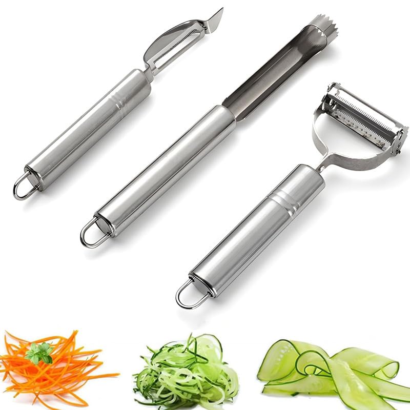 PGQIQGNM 3PCS Stainless Steel Blade Vegetable Peeler Julienne and Apple Corer Remover Tool-for Fruit, Carrot, Potato,Cucumber, Apple,Skin scraper kitchen kit.. (Type B)