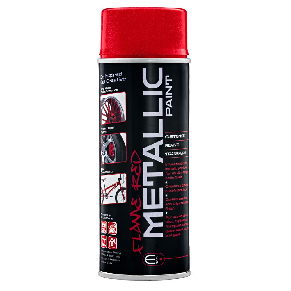 E-TECH Flame Red Formula Metallic Spray Paint for Automotive, Bikes, Scooters, Models, Hobbies Home & DIY. For Use On Metals, Alloy, Rigid Plastic, Glass & More- Heat Rated Up To 180°c