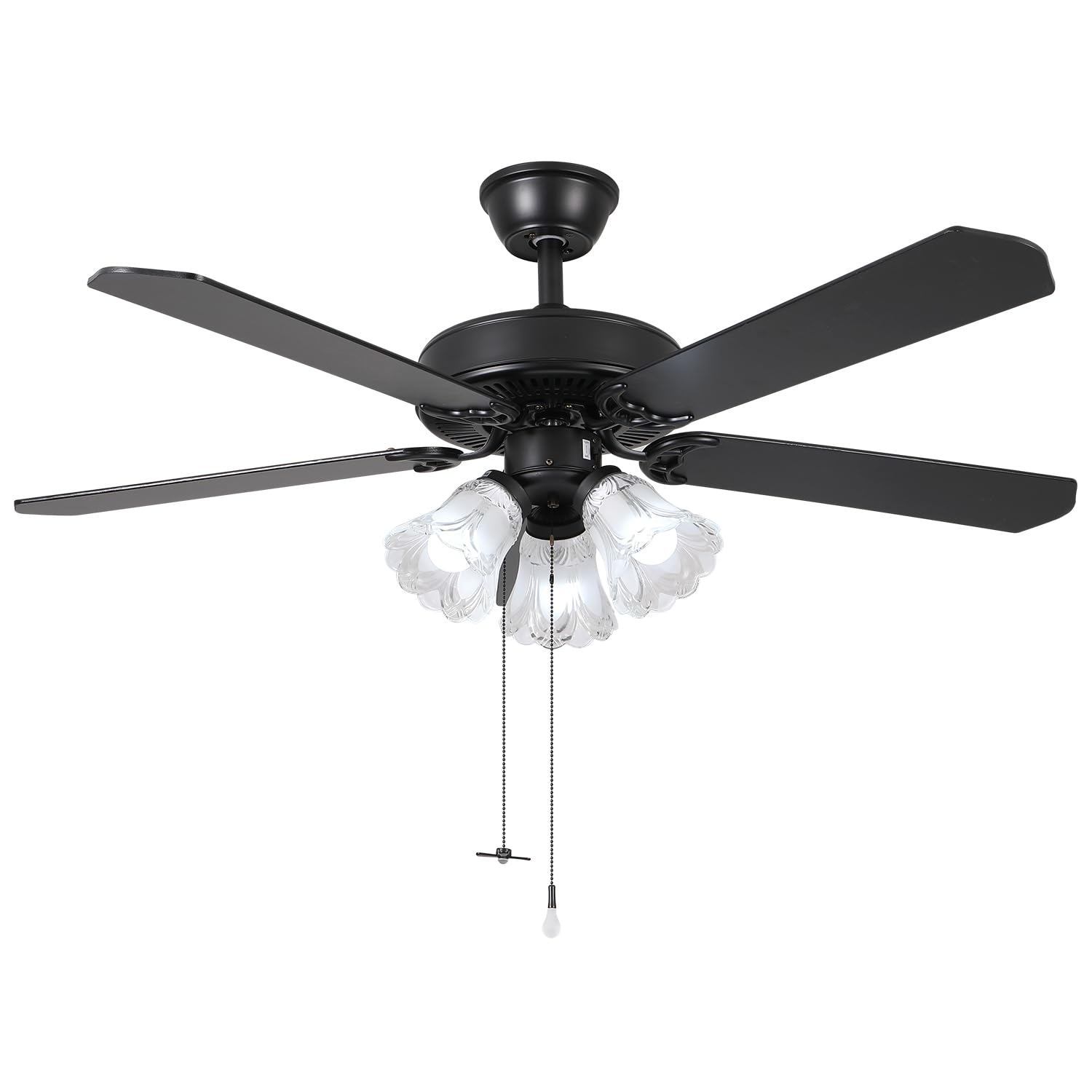 TWLITE 52 Inch Indoor Ceiling Fan with Pull-Chain and LED Light Bulbs Base, Traditional 3-Speeds Reversible Blades Ceiling Fan (Black)