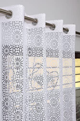 Image of Fabrilia Geometric Pattern Door Net Curtains 9 feet Long Set of 2 for Living Room /Bedroom, White