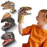 TXYAON Dinosaur Hand Puppets, Soft Rubber Toys Set, Realistic Golden Eye Tyrannosaurus Rex, Dilophosaurus, Velociraptor Puppet Toys for Kids Boys Girls Adult, 3 Pack / Set