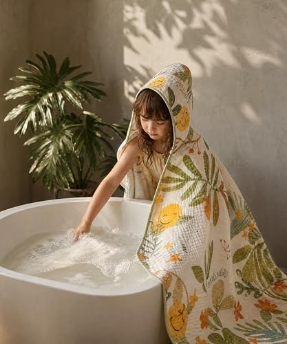 Image of Hooded Bath Towels for Kids, Kids Toddler Beach TowelsGirls Boys, 45 inch x 45 inch Large Size 100% Cotton Muslin Towels, Absorbent Six-Layer Quick Dry Wrap, Perfect for Pool Swim (Jungle Pattern)