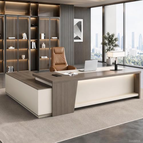 ZIMASYA 79 Inch L Shaped Executive Office Desk with Storage Cabinet, Right Return Desk with 2 AC Outlets and 2 USB Ports, Lockable Drawer, Cable Management Box, Smoked Gray and Off White