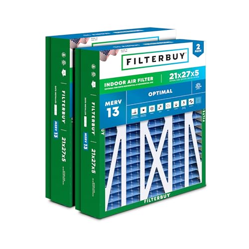 Filterbuy 21x27x5 Air Filter MERV 13 Optimal Defense (2-Pack), Pleated HVAC AC Furnace Air Filters Replacement for Trane Perfect Fit & American Standard (Actual Size: 20.56 x 26.13 x 4.97 Inches)