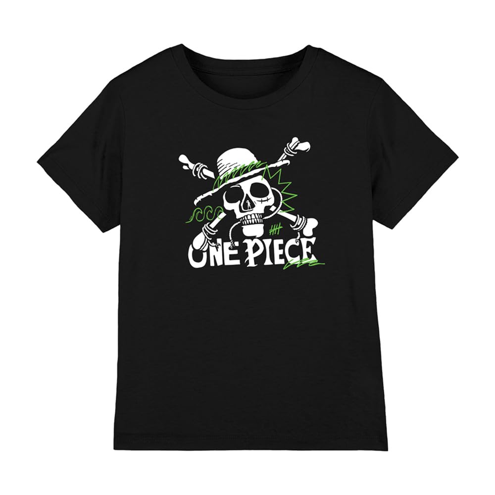 One Piece Green Doodle Jolly Roger Logo Kids T-Shirt, Black, 9-11Y