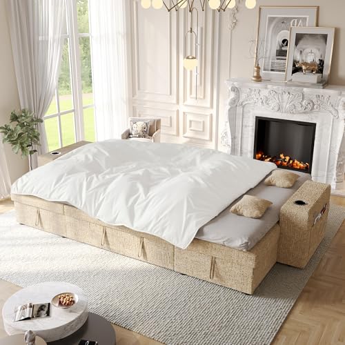 Image of Modular Sectional Sleeper Sofa Bed, 117 inch U-Shaped Sofa with Dual Storage Chaise | Reclining Backrest | Wide Armrest, Couches for Living Room, 4 in 1 Pull Out Couch Bed, Khaki