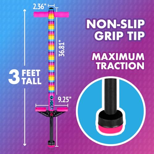 Image of Flybar Jolt Pogo Stick for Kids, Perfect for Beginners w / Foam-Covered Metal Frame, Handles & Padding, Non-Slip Foot Pads, Wide Tip, Outdoor Active Play Toy for Boys & Girls, Ages 6+, Rainbow