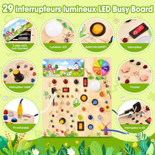 Fwiull Busy Board Jouet Montessori 1 an,Jouet Enfant en Bois à Partir de 2 Ans,Planche Busy Board Montessori pour Les 1 2 3 Ans,Activity Board avec 29 LED Jouets Sensoriel Parcours Motricité bébé – Image 3