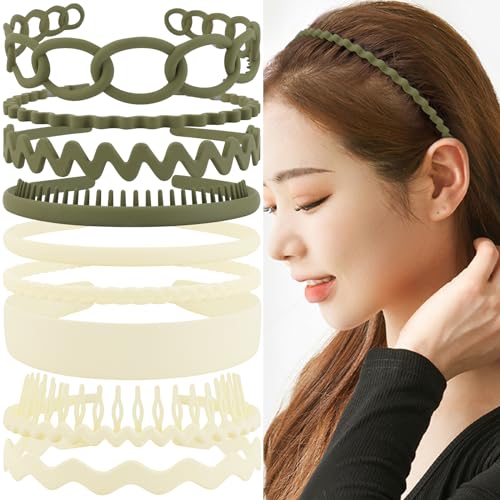 TOBATOBA 9Pcs Plastic Headbands, White & Green for Women Girls Non Slip, Hairbands for Women's Hair, Thin Headbands Comb Headbands Hair Accessories