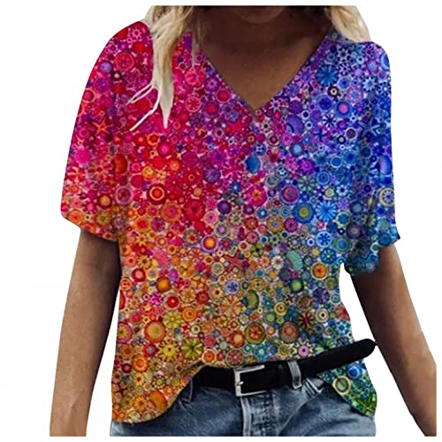 Gillberry Womens Short Sleeve Tops V Neck Floral Casual Shirts Loose Fit Basic Blouse Summer Tunic T-Shirts S-XXL Yellow