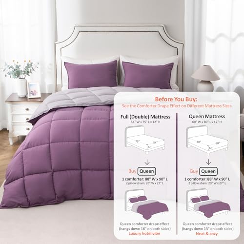 Image of KASENTEX Queen Comforter Set, Reversible,Goose Down Alternative,All Season | 250 GSM Fill, Ultra-Soft, Lightweight, Machine Washable, 1 Comforter + 2 Pillow Shams, Grape Jam /Gull