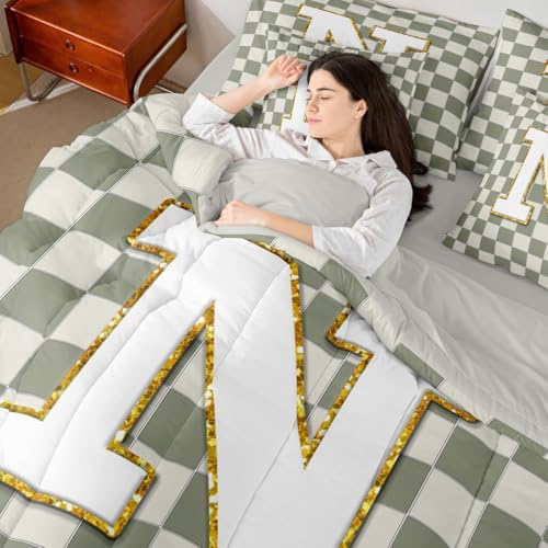 Image of Erosebridal Sage Green Checkered Full Comforter Set with Sheets 7 Piece Plaid Initial N Bed in A Bag Personalized Monogram Bedding Sets for Kids Adults,Fashion Grids Gingham Bed Set