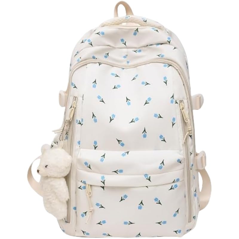 Cute Aesthetic Kawaii Daypack With Charming Playful Flair (Blue flower,43X30X18CM)