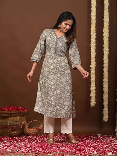 Image of Rimeline Women's Cotton Printed Kurta with Lace Trim Neckline | Straight Fit Ethnic Wear for Office, Casual & Daily Use