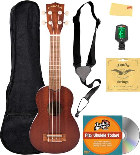Kala MK-S Makala Soprano Ukulele Bundle with Gig Bag, Tuner, Strap, Aquila Strings, Online Lessons, Austin Bazaar Instructional DVD, and Polishing Cloth