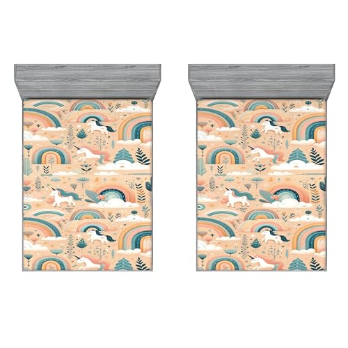 Ambesonne Fantasy 2 Pack Fitted Sheet, Scandi Unicorn Cloud Flower, Bed Cover All-Round Elastic Deep Pockets 2 Pieces, Package Contains 2 Full Size Fitted Sheets, Peach Sea Blue White