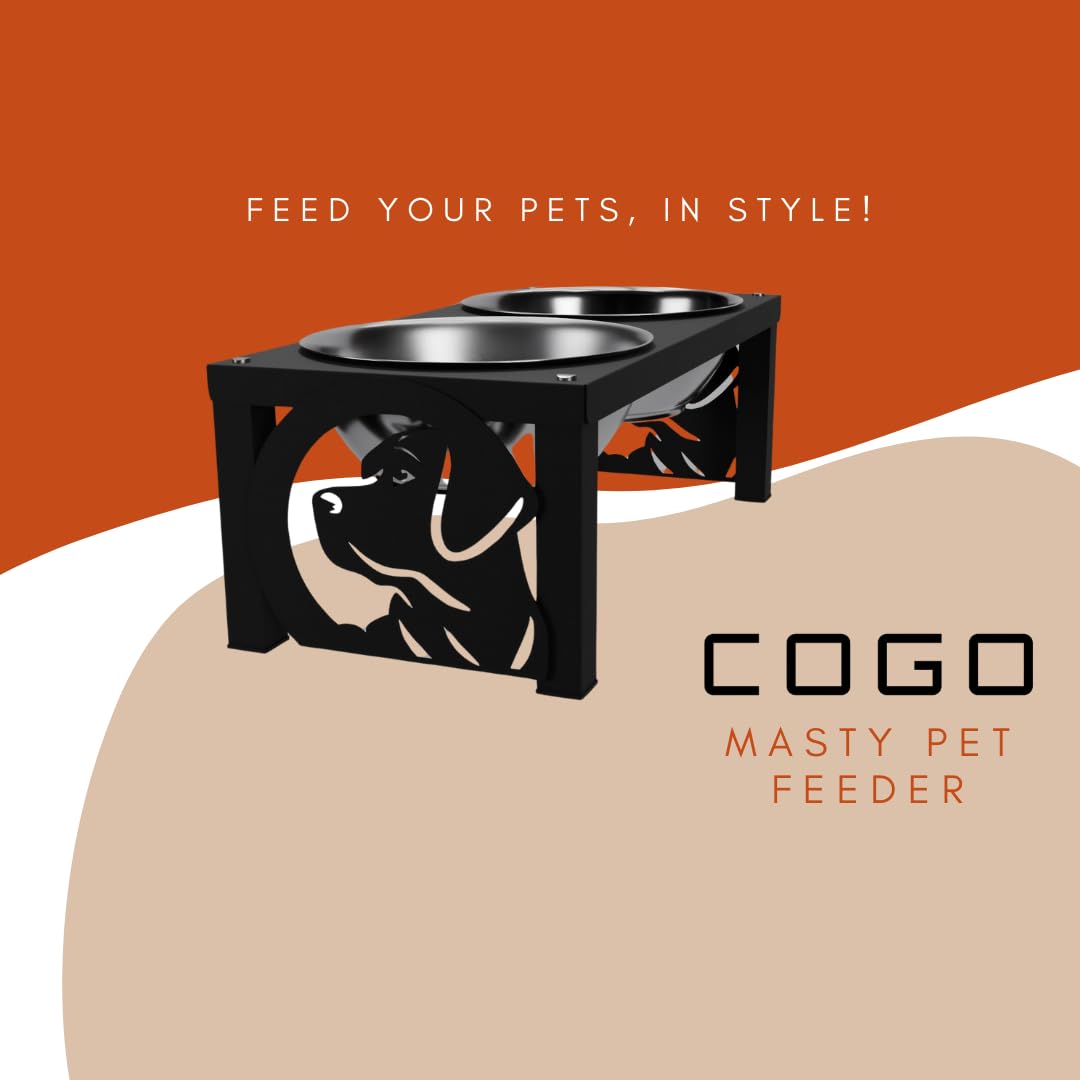 COGO Masty Pet Feeder| 2 Stainless Steel Bowls (1000 ml Each) | Elevated Feeding Bowls for Medium & Large Dogs & Cats | 5.5 x 7.5 x 15 inch | Strong & Stable Metal Frame | Colour: Matt Black 1