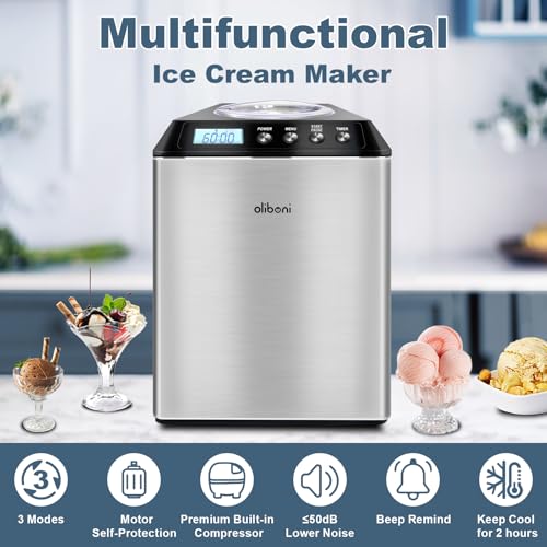 2.6 Qt Ice Cream Maker with Compressor, LCD Digital Display & Timer, No Pre-freezing, Countertop Gelato Makers, Automatic Ice Cream Machine for Homemade Use, Stainless Steel, 10-year-Warranty