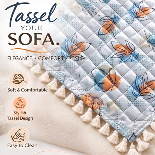 Image of HOKIPO Abstract Petals Quilted Sofa Cover Mat with Tassels for 1 Seater 'Tassel Twigs' Series (IN-982-T10)