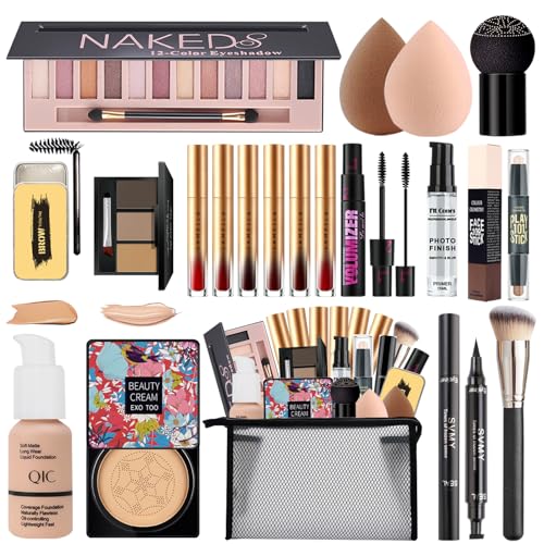 All In One Naked Eyeshadow & Makeup Kit – Includes Liquid Foundation, CC Cream, Lipstick Set, Mascara, Makeup Brush, Sponge, Eyebrow Powder, Soap, Eyeliner Stamp, Primer, Contour Stick & Cosmetic Bag