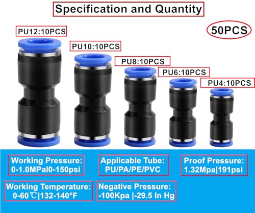 Miniatura 2 de Haxiha 50 Piezas Conexiones Neumáticas Rectas 4 6 8 10 12mm Neumática Guarniciones De Conector Enchufe Rapido Aire Comprimido Para La Conexión Rápida De Tuberías Azul