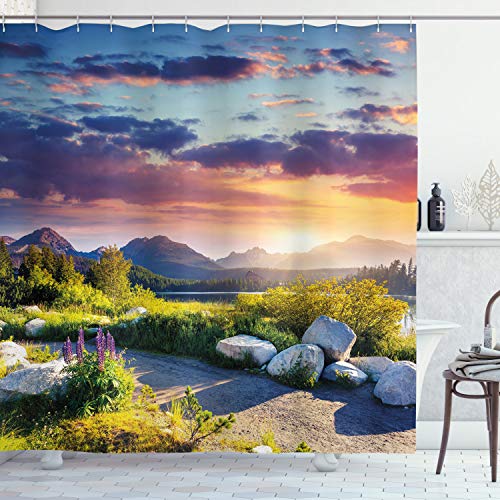 ABAKUHAUS Nature Shower Curtain, Idyllic Skyline in National Park on European Mountains Tranquil Scenery, Cloth Fabric Bathroom Decor Set with Hooks, 78" Inches, Green Blue Purple